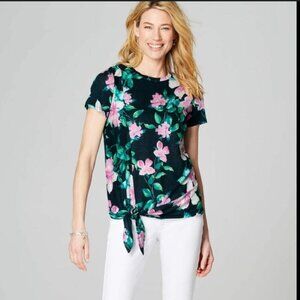 J. Jill Love Linen navy floral short sleeve linen tee knit front size medium C28